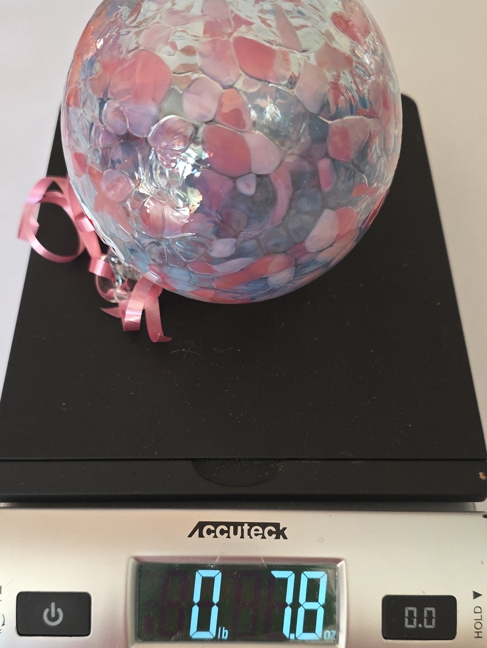 Cristal Lehrer French Hand-Blown Art Glass Sphere Pink/White Speckled Ornament - Picture 13 of 13